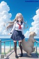 A girl in a school uniform standing next to a dog on a pier.