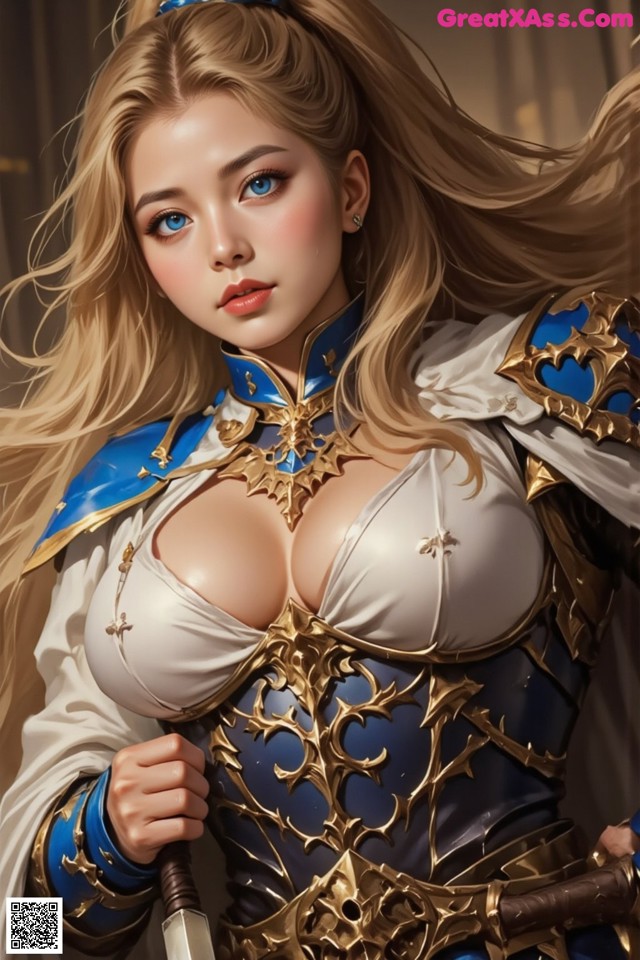 A woman in a blue and white outfit holding a sword.