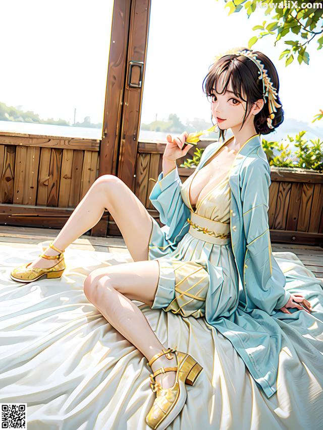 A woman in a blue dress sitting on a bed.