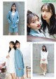 A collage of photos of a woman wearing a blue coat and white dress.