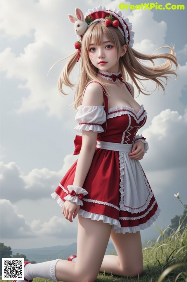 A woman in a red and white dress with a bunny on her head.